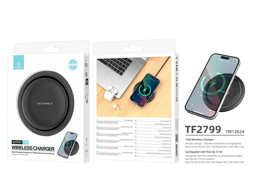 Techancy Carregador sem fio  15W TF2799, compatível com várias marcas de smartphones, carga rápida e segura, leve e portátil