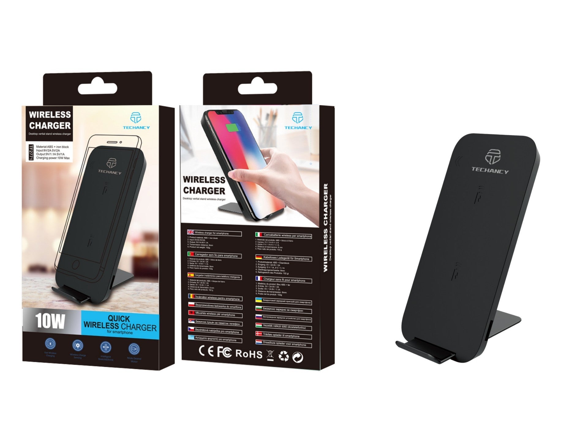 Carregador sem fios Techancy 10 W para telemóveis, TF2771, com suporte para telemóvel, preto