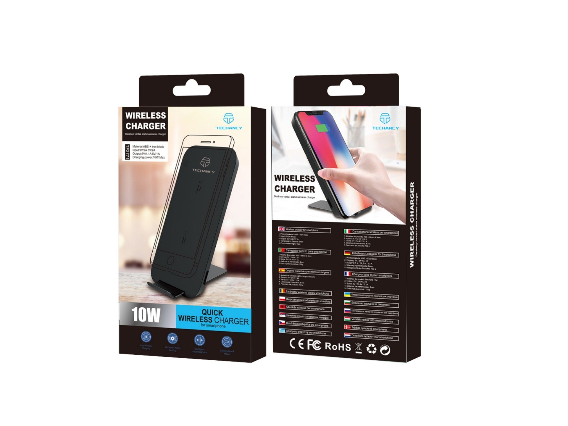 Carregador sem fios Techancy 10 W para telemóveis, TF2771, com suporte para telemóvel, preto