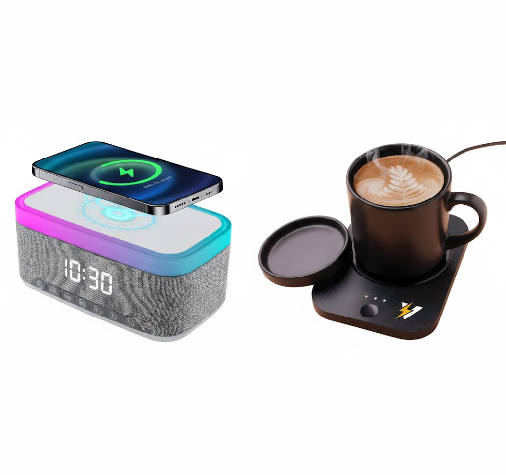 Desk-to-Bedside Power & Comfort Bundle – Sip & Charge 2-in-1 Mug Warmer + 5-in-1 Wireless Charging Alarm Clock Speaker